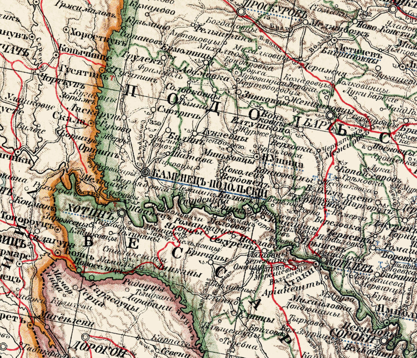 Каменецъ-Подольскiй, Ушицкiй и Могилевскiй уезды Подольской губернии; Хотинскiй уезд Бессарабской губернии